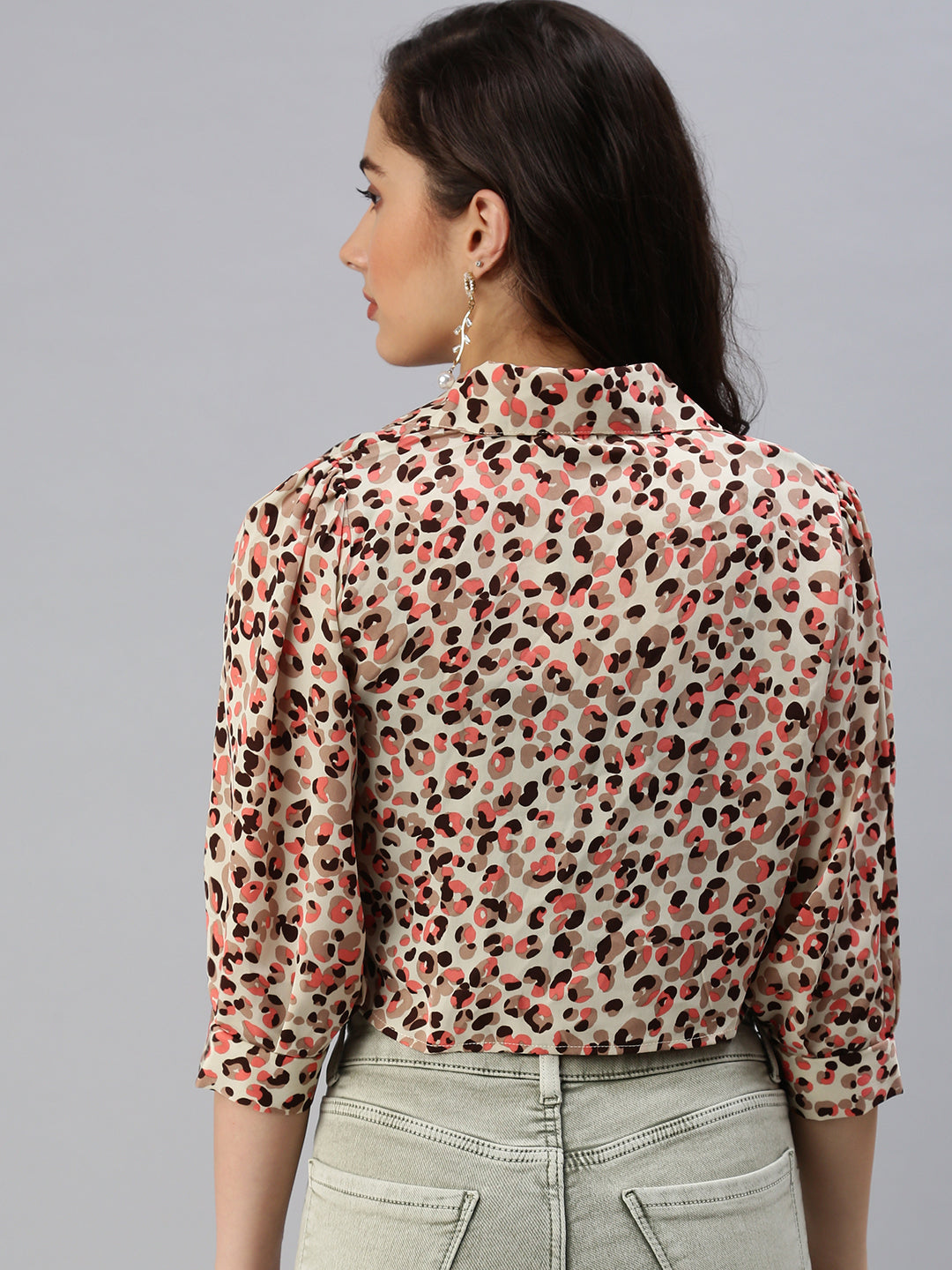 Women Shirt Collar Printed Beige Fitted Top