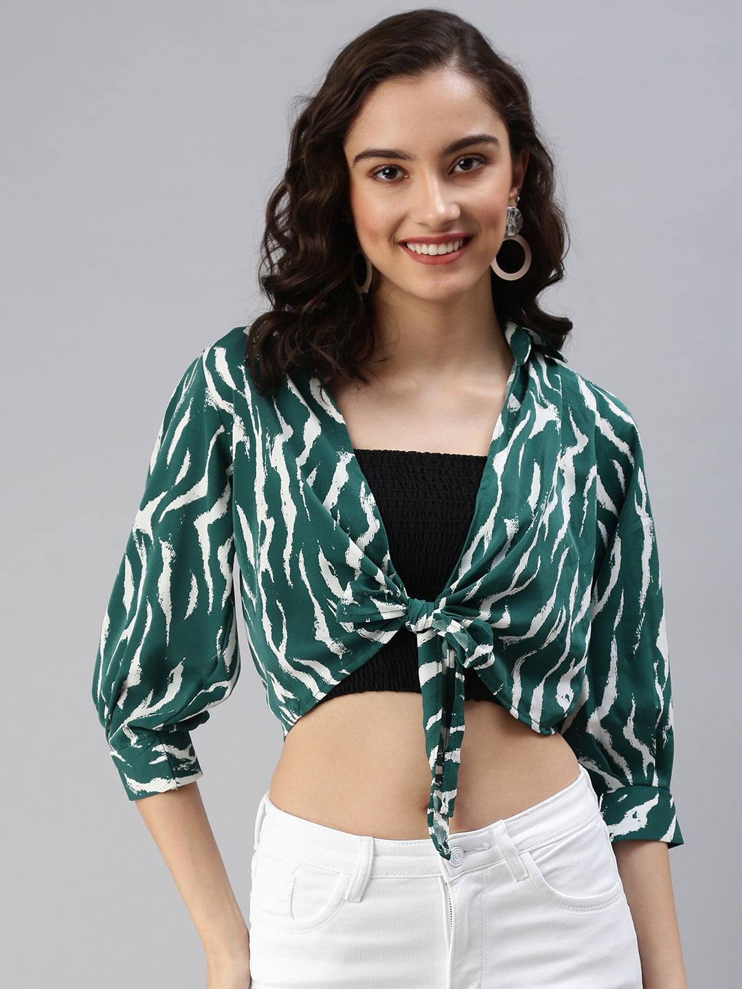 Women Shirt Collar Printed Green Fitted Top