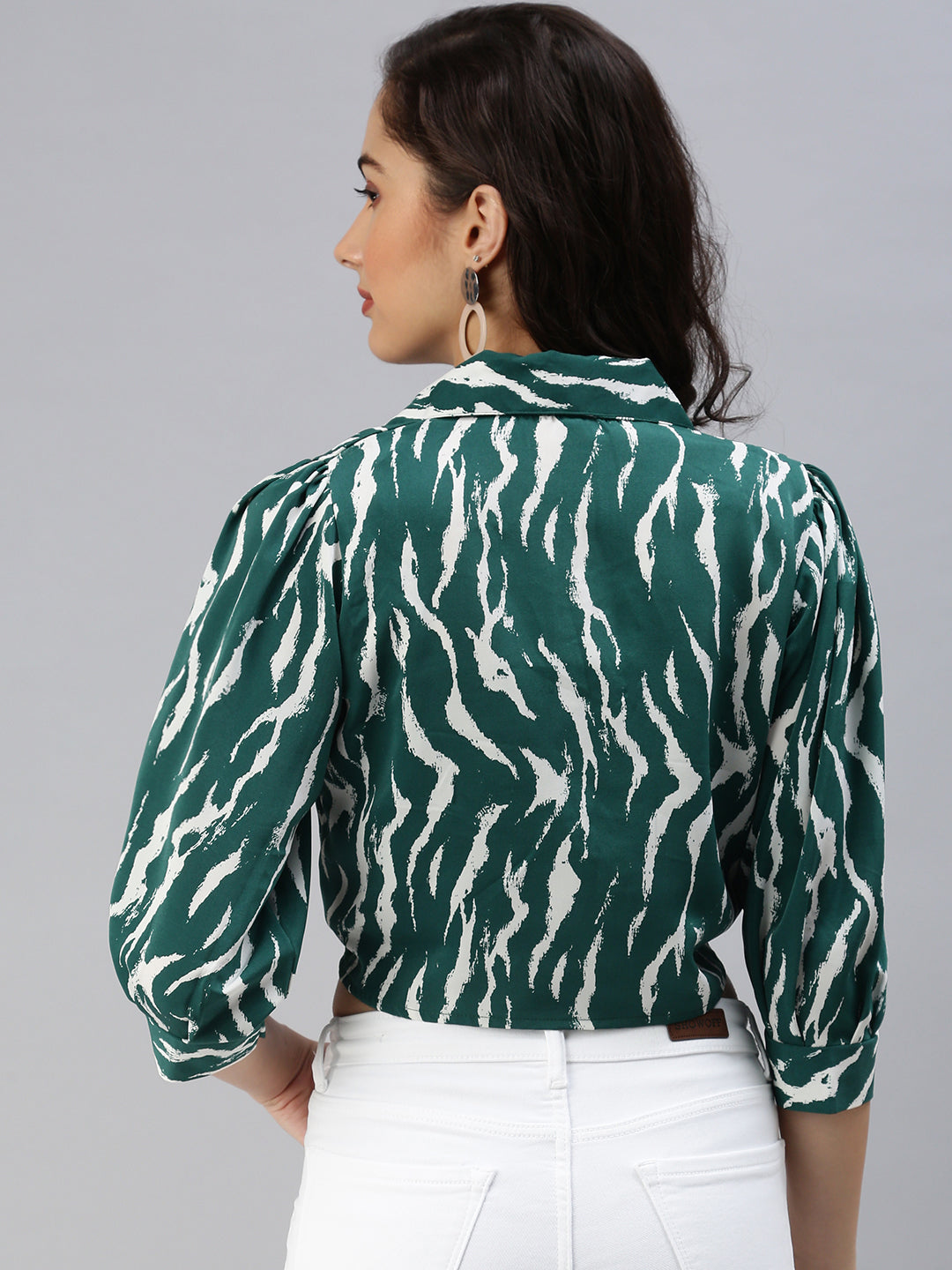 Women Shirt Collar Printed Green Fitted Top