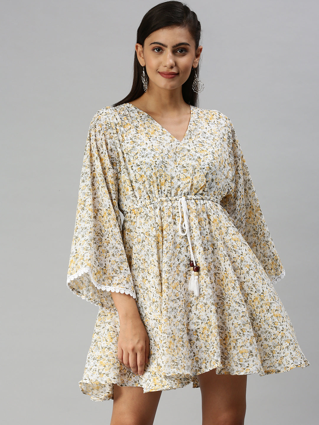 Women V-Neck Printed Kaftan White Dress