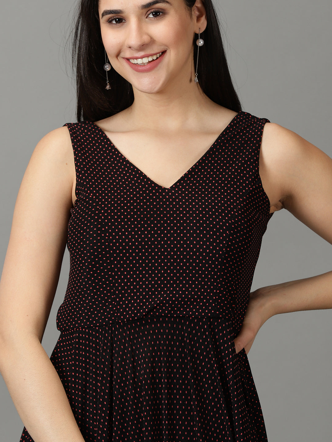 Women V-Neck Printed Fit and Flare Black Dress