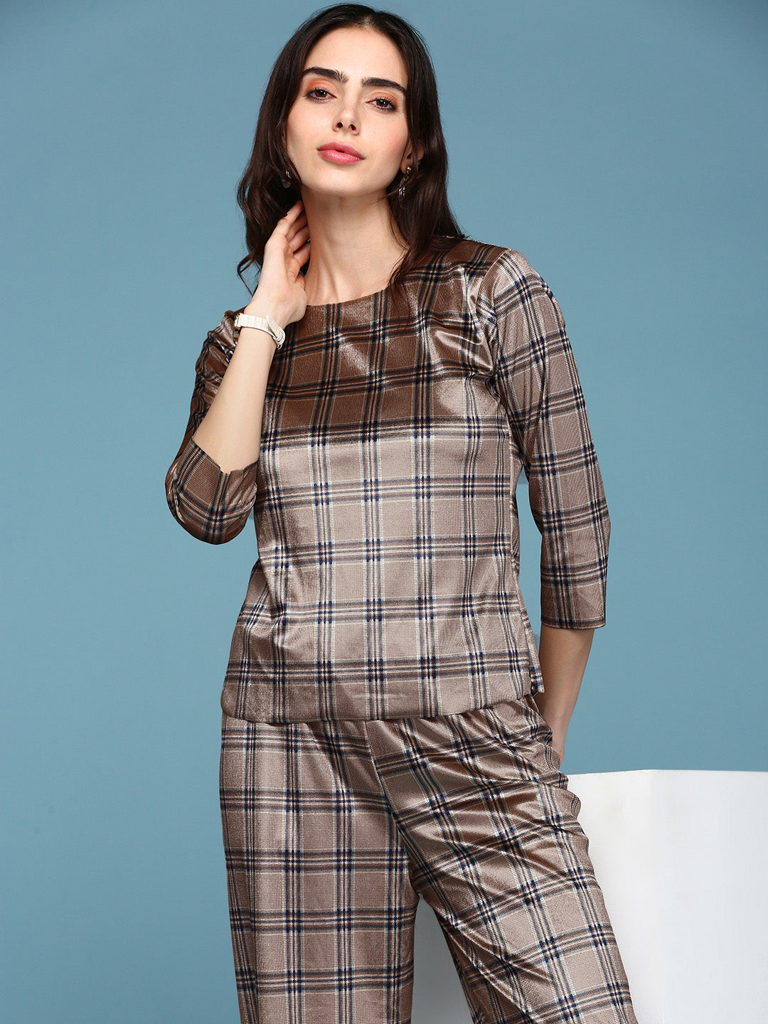 Women Brown Checked Co-Ords