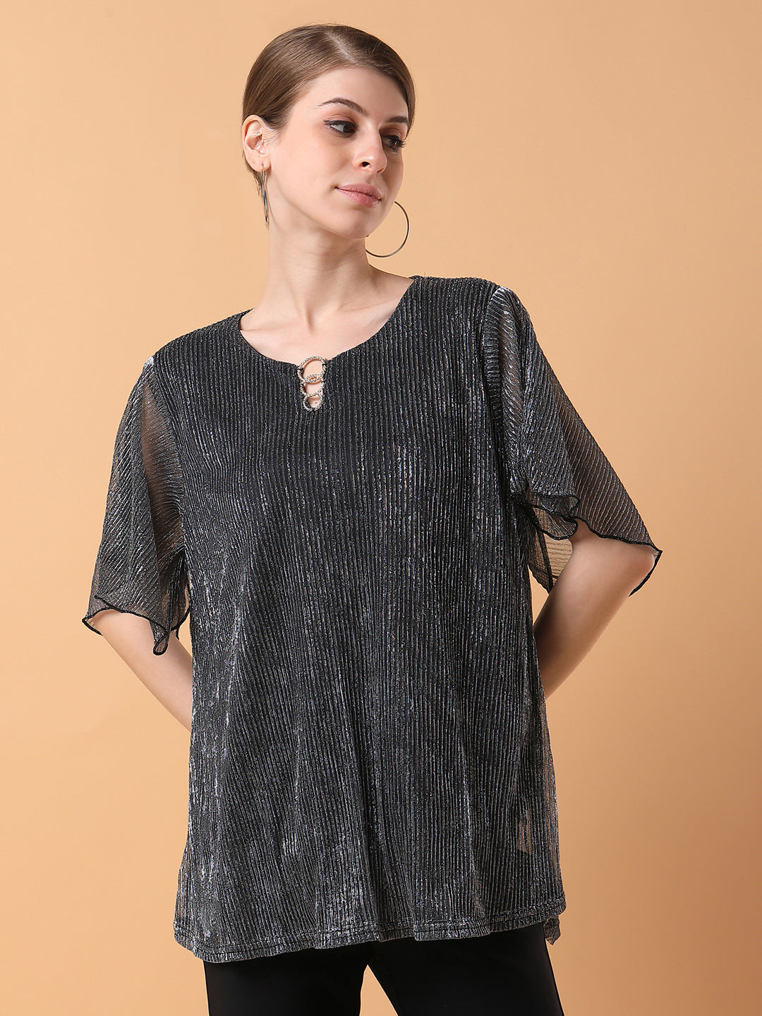 Women Solid Metallic Top