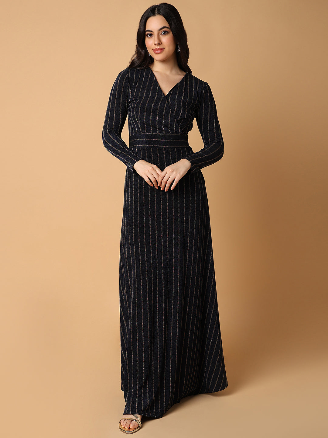 Women Striped Navy Blue Maxi Empire Dress