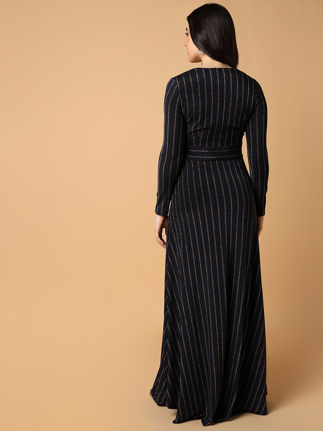 Women Striped Navy Blue Maxi Empire Dress