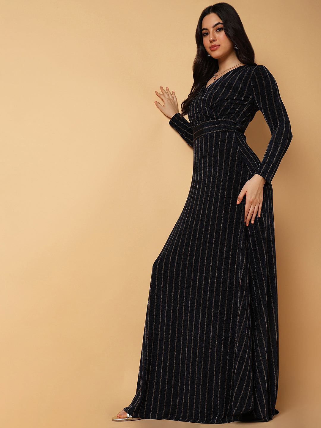 Women Striped Navy Blue Maxi Empire Dress