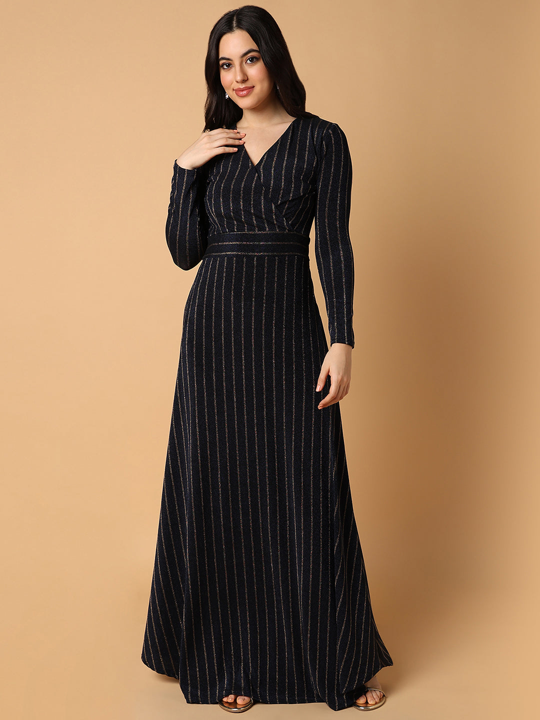 Women Striped Navy Blue Maxi Empire Dress