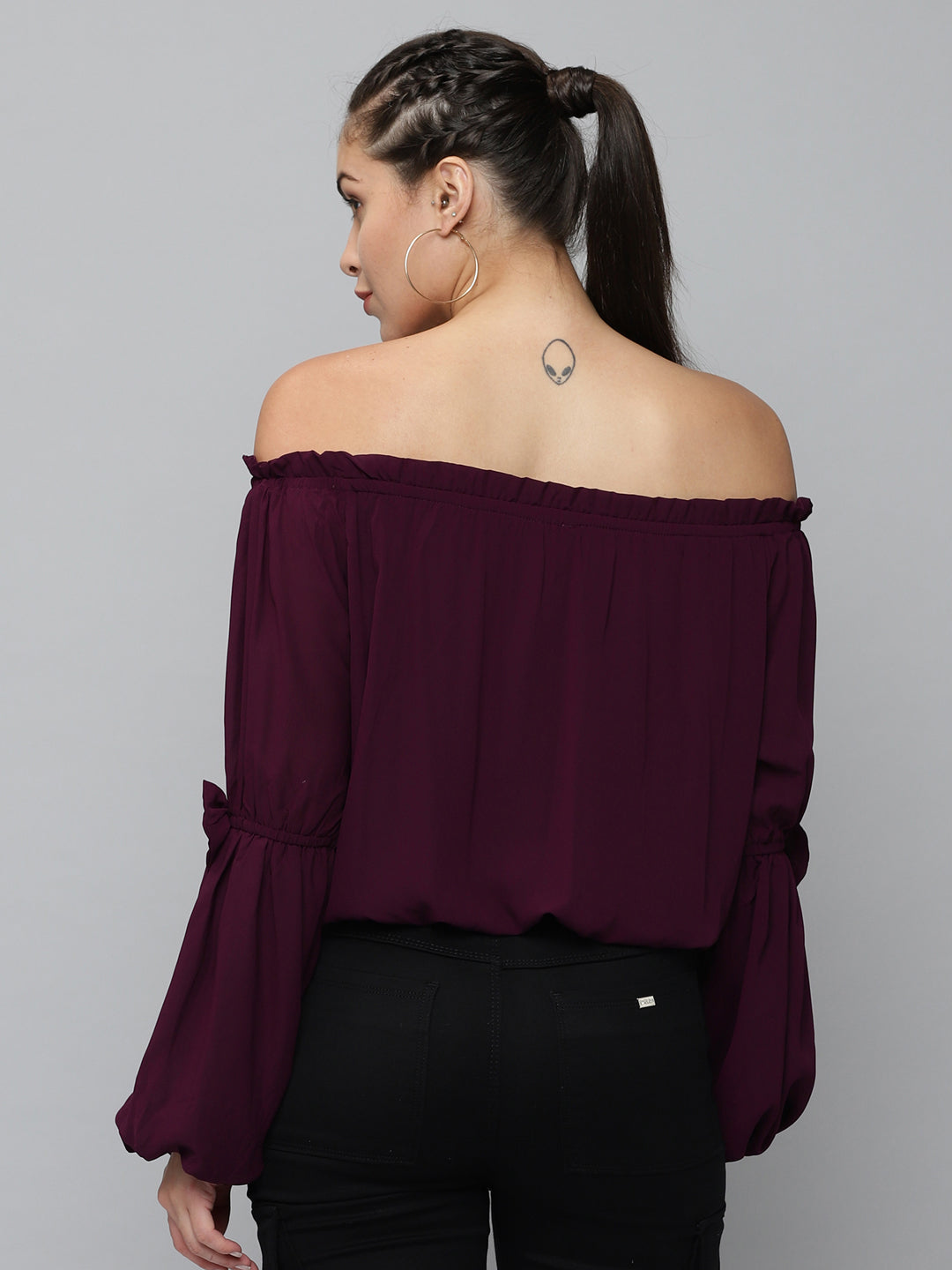 Women Off-Shoulder Solid Violet Cinched Waist Top