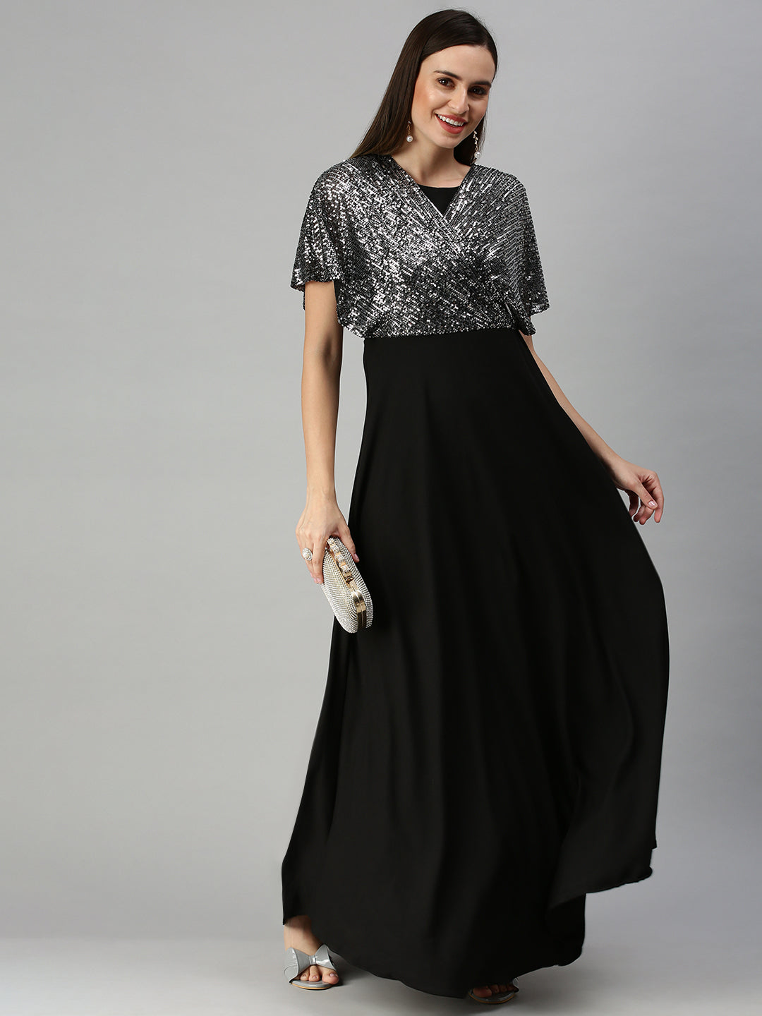 Women Embellished Maxi Black Dress