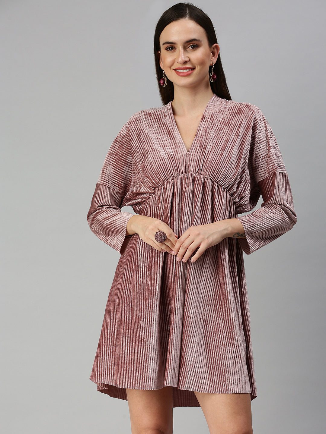Women V-Neck Solid Fit and Flare Mauve Dress