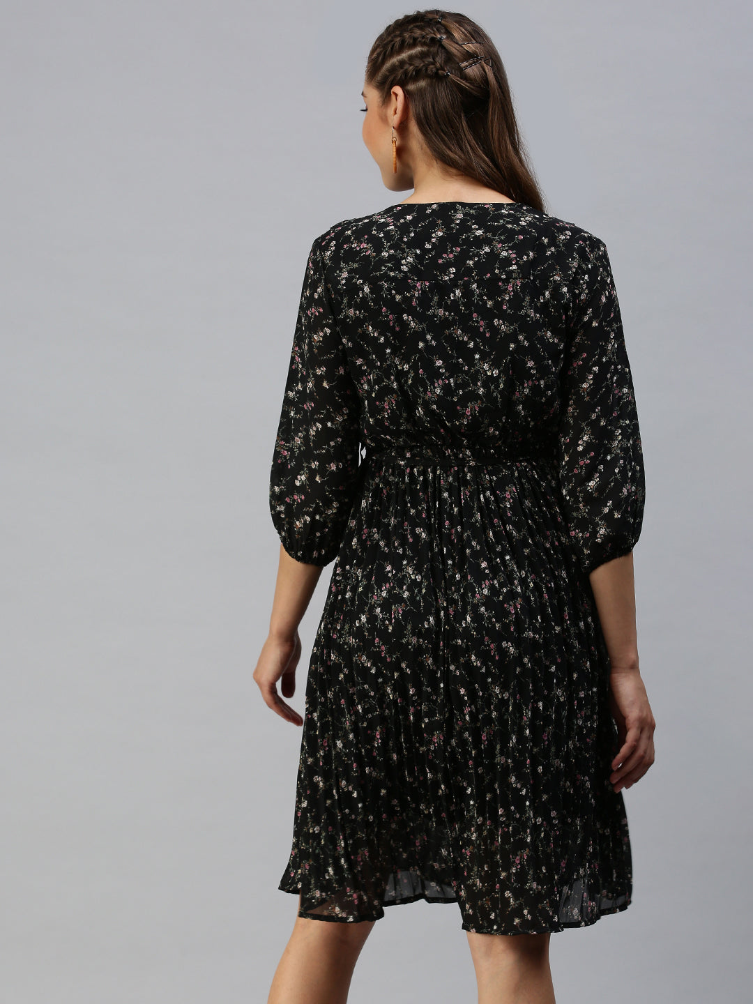 Women V-Neck Printed Fit and Flare Black Dress