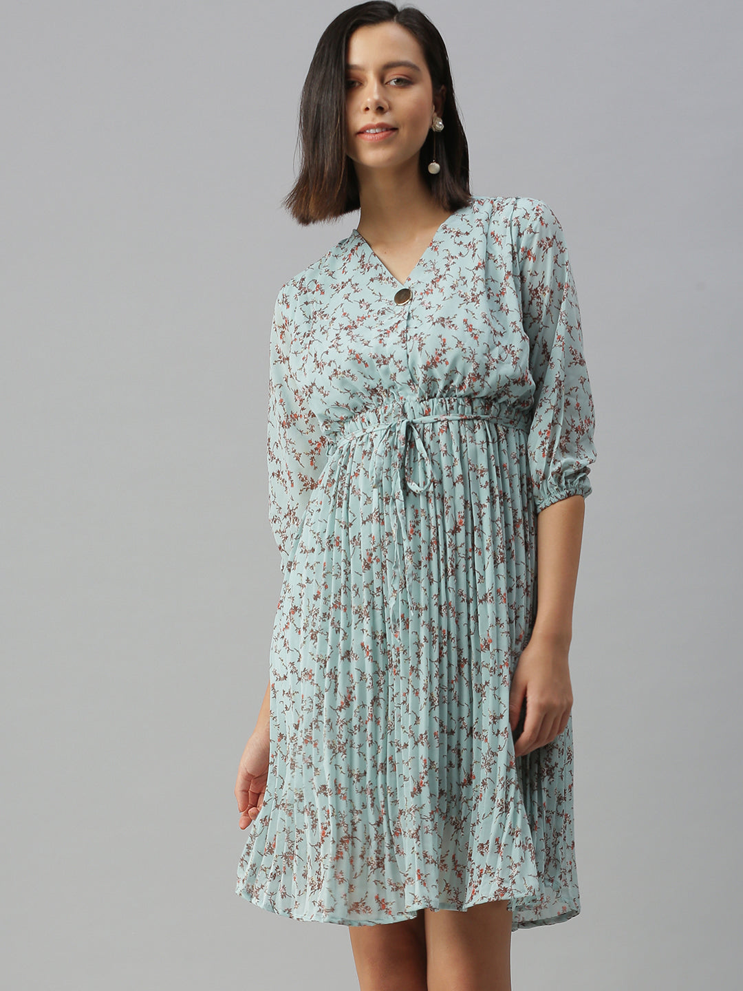 Women V-Neck Printed Fit and Flare Blue Dress