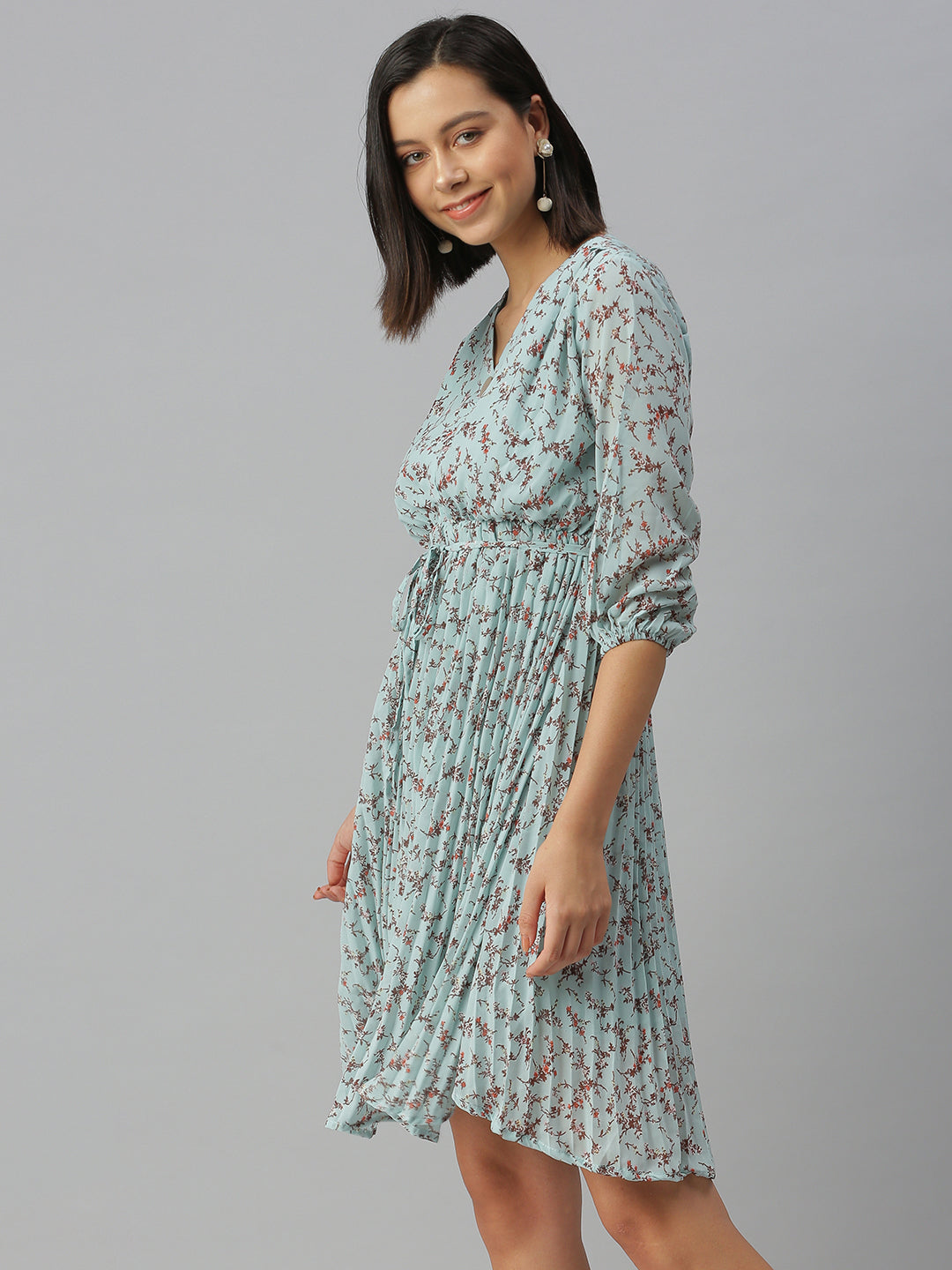 Women V-Neck Printed Fit and Flare Blue Dress