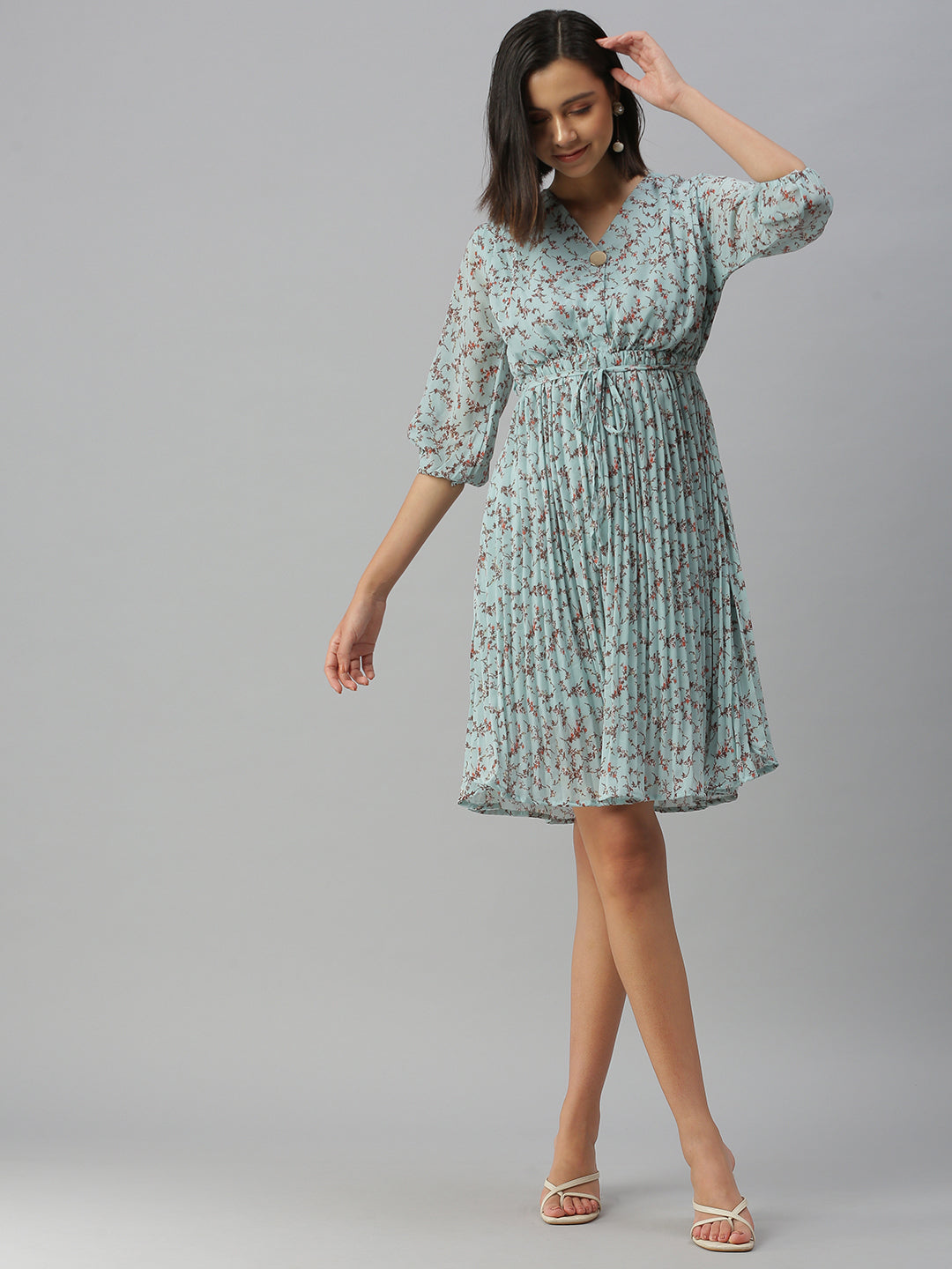 Women V-Neck Printed Fit and Flare Blue Dress