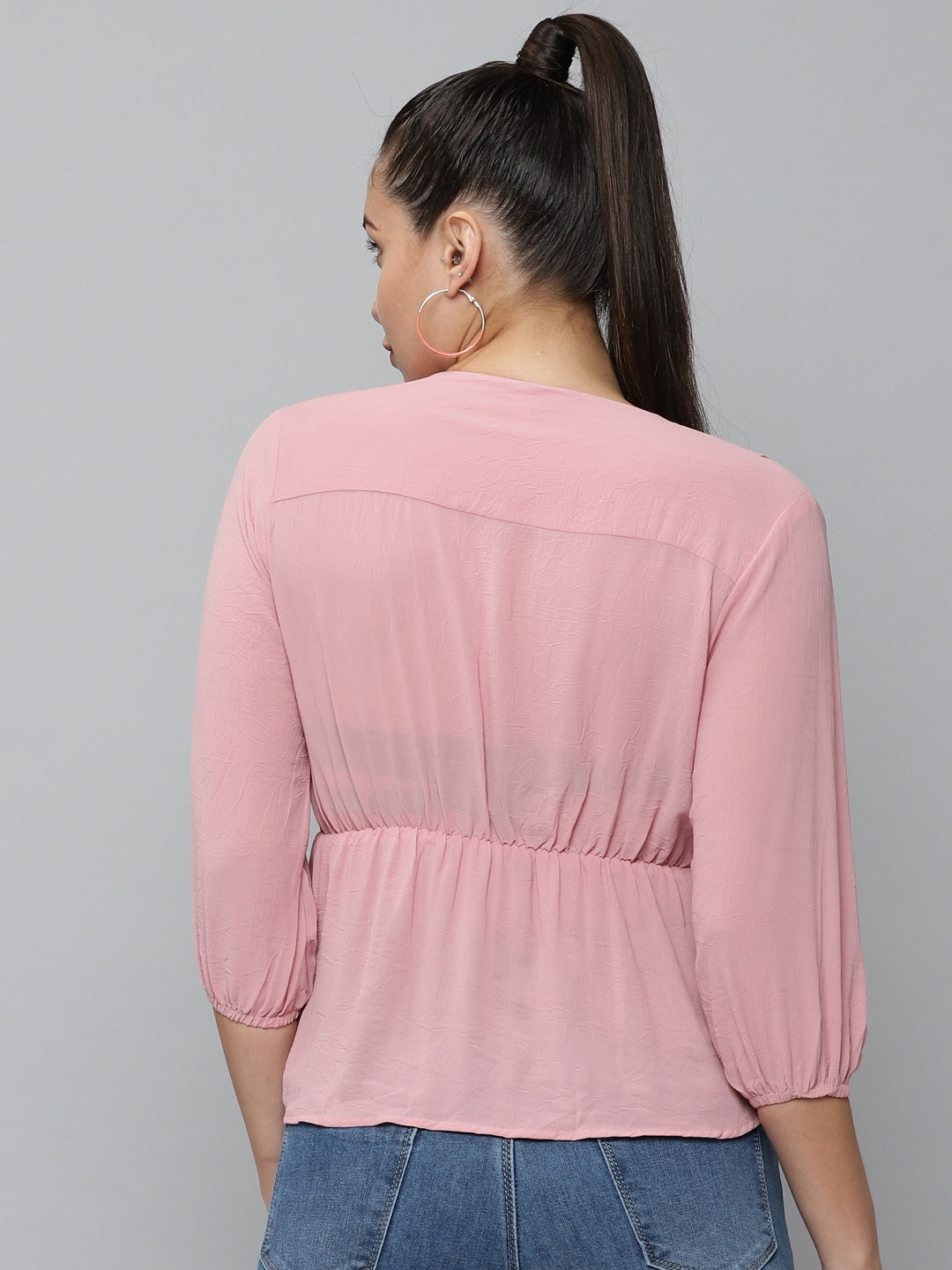 Women V-Neck Solid Pink Peplum Top