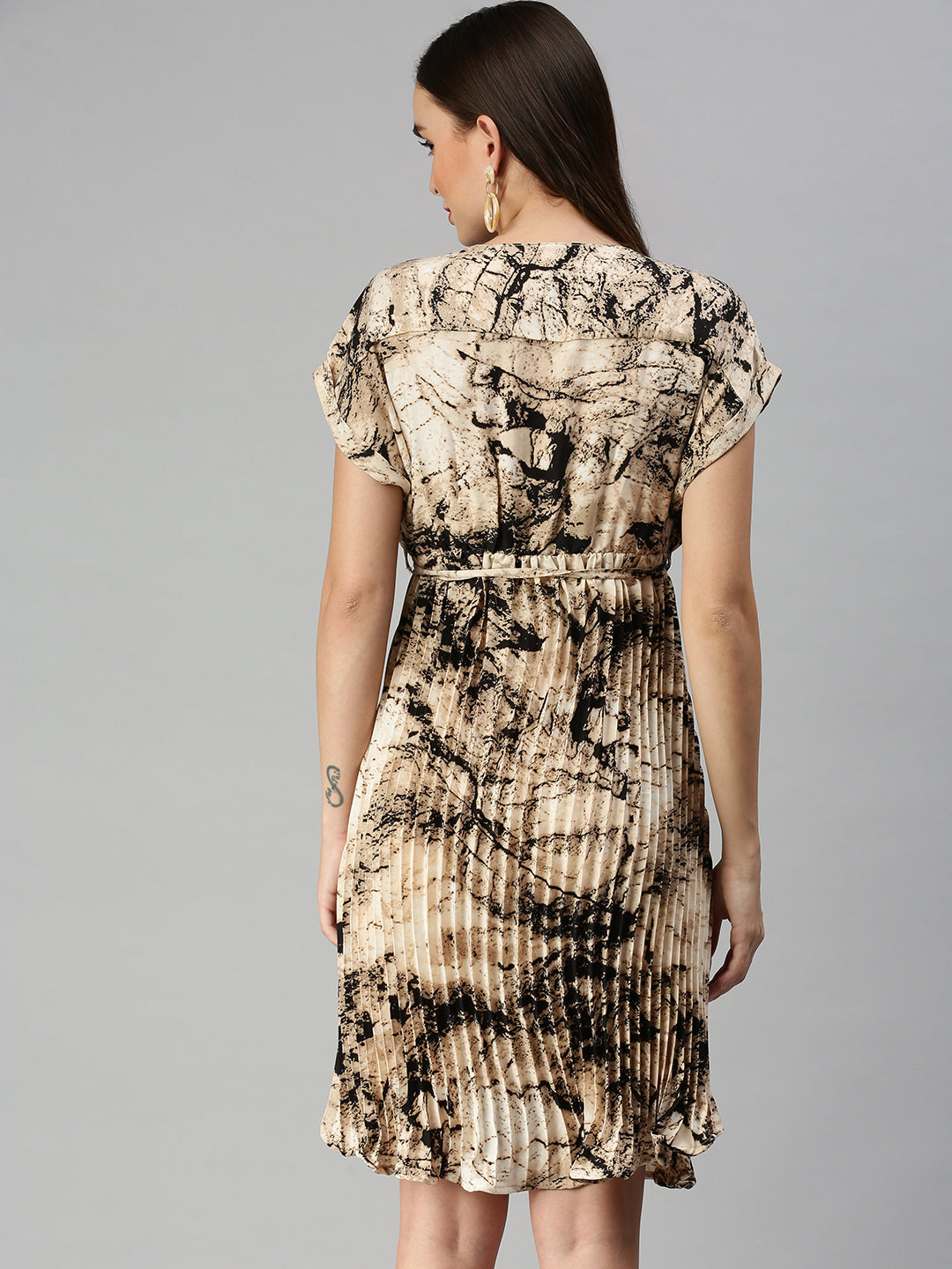 Women V-Neck Printed A-Line Beige Dress