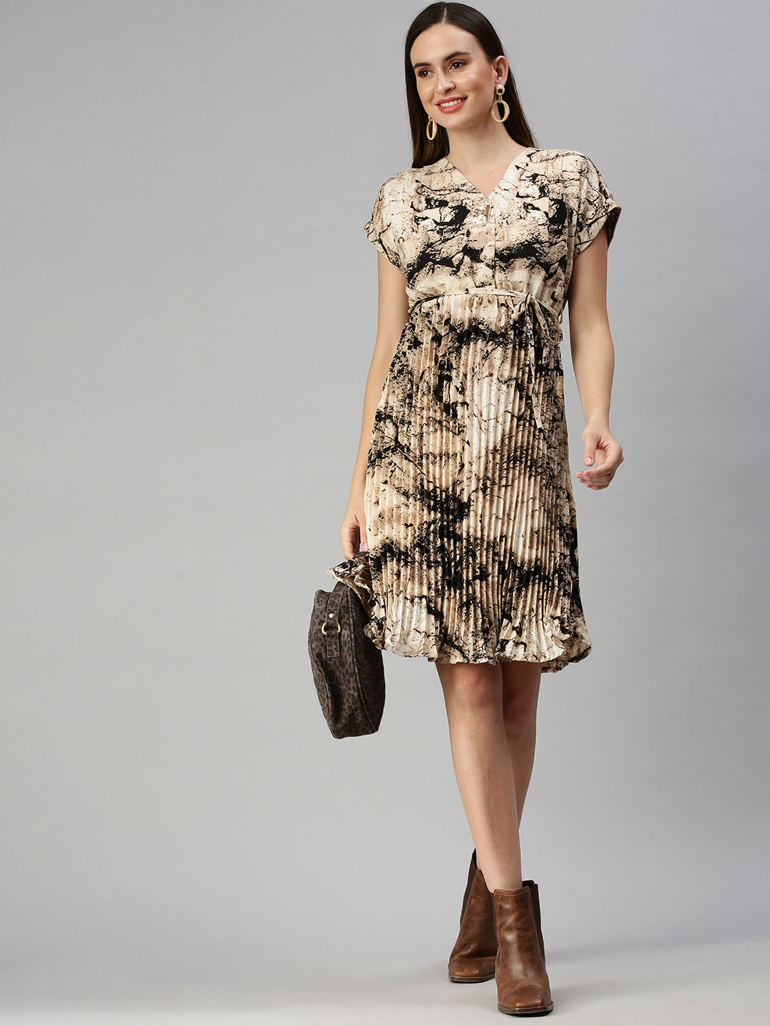 Women V-Neck Printed A-Line Beige Dress