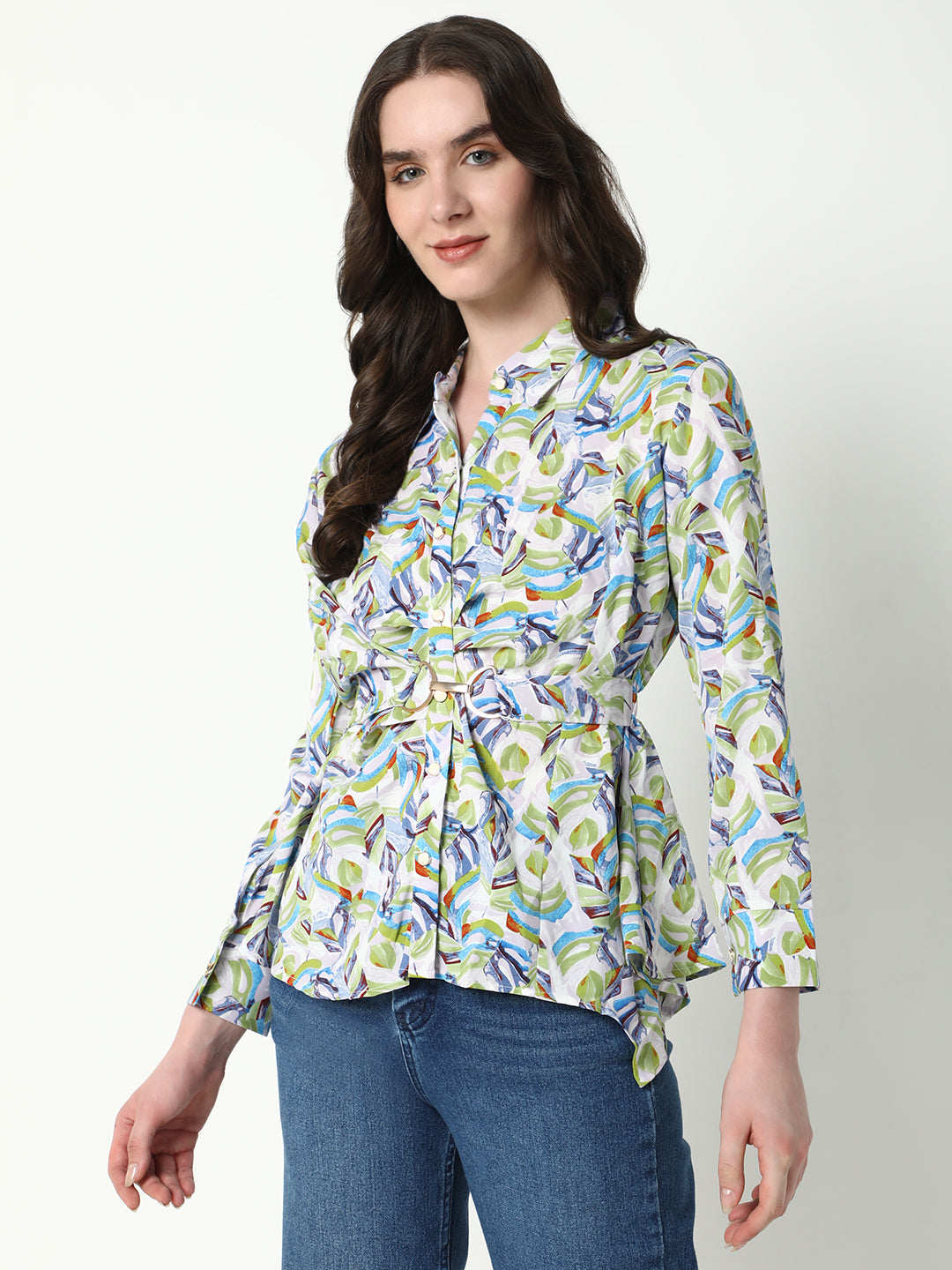 Women Green Abstract Shirt Style Top