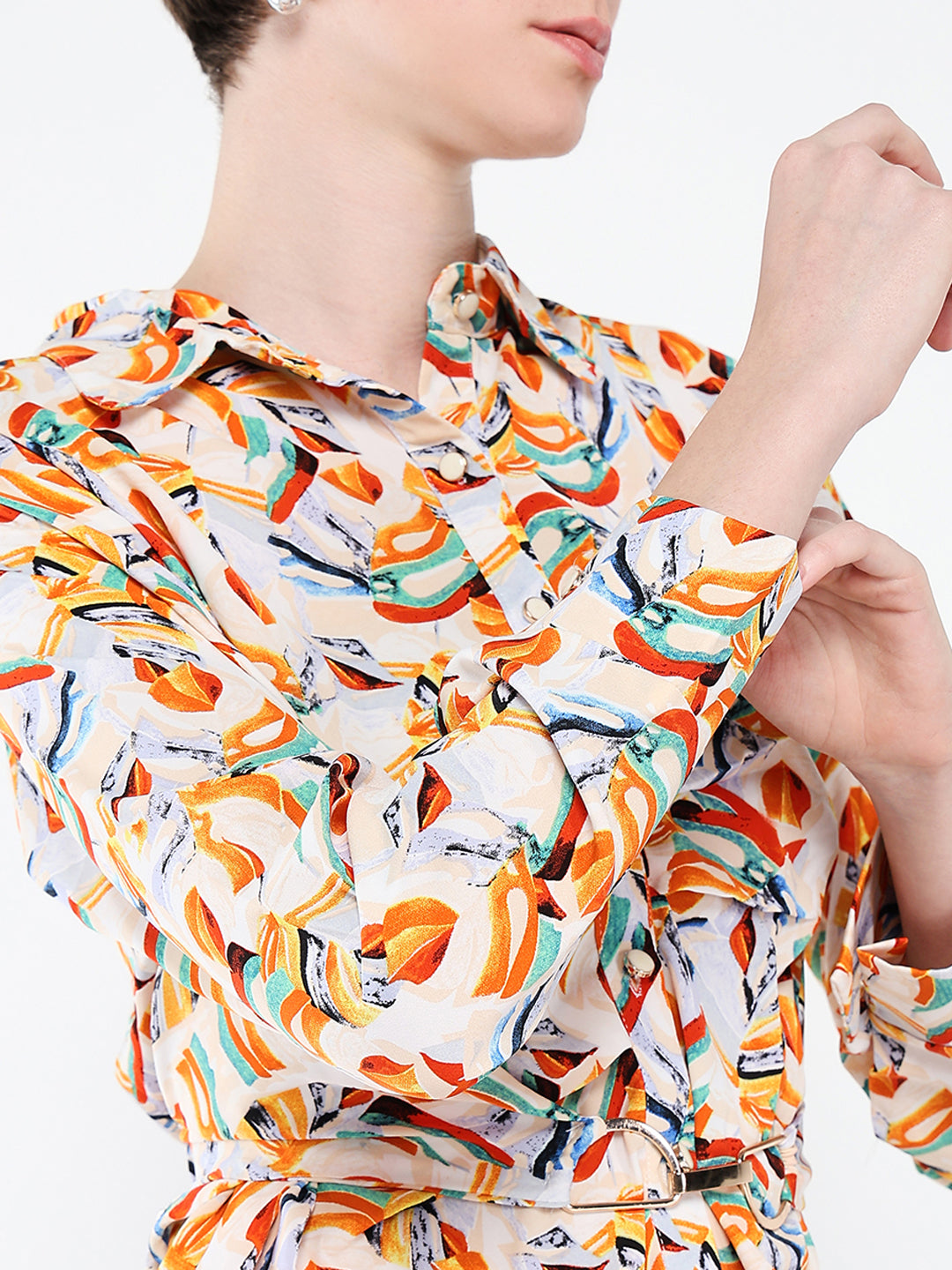 Women Orange Abstract Shirt Style Top