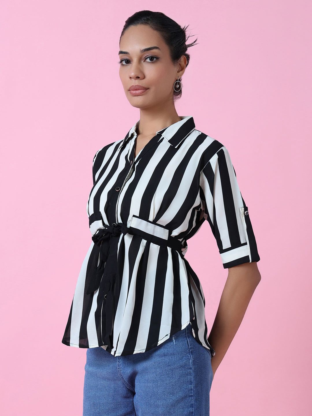 Women Black Striped Slim Fit Shirt