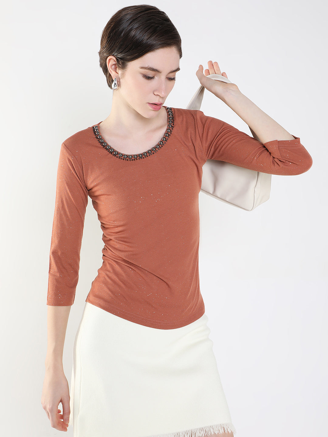 Women Embellished Brown Fitted Top