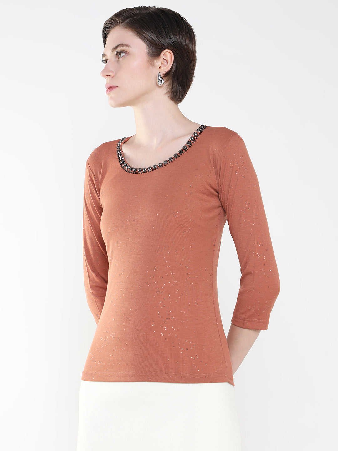 Women Embellished Brown Fitted Top