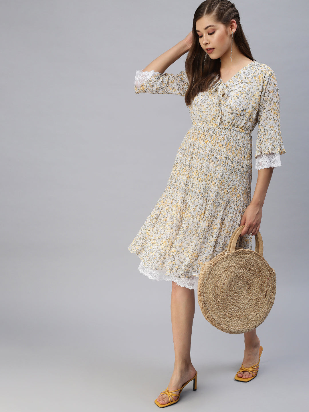 Women V-Neck Printed Fit and Flare Off White Dress