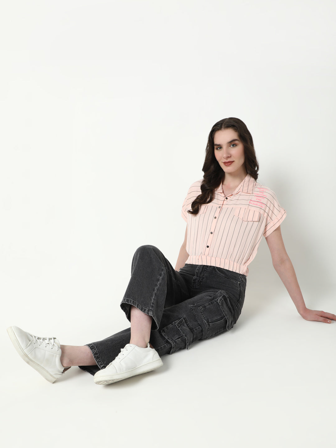 Women Peach Striped Shirt Style Crop Top