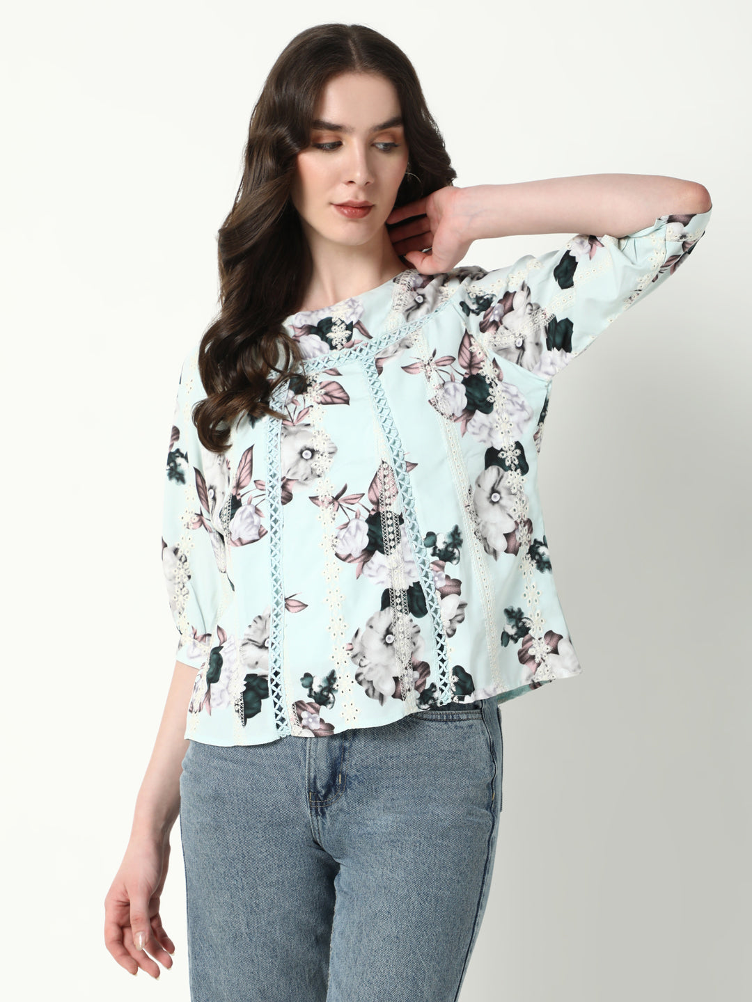 Women Sea Green Floral Top