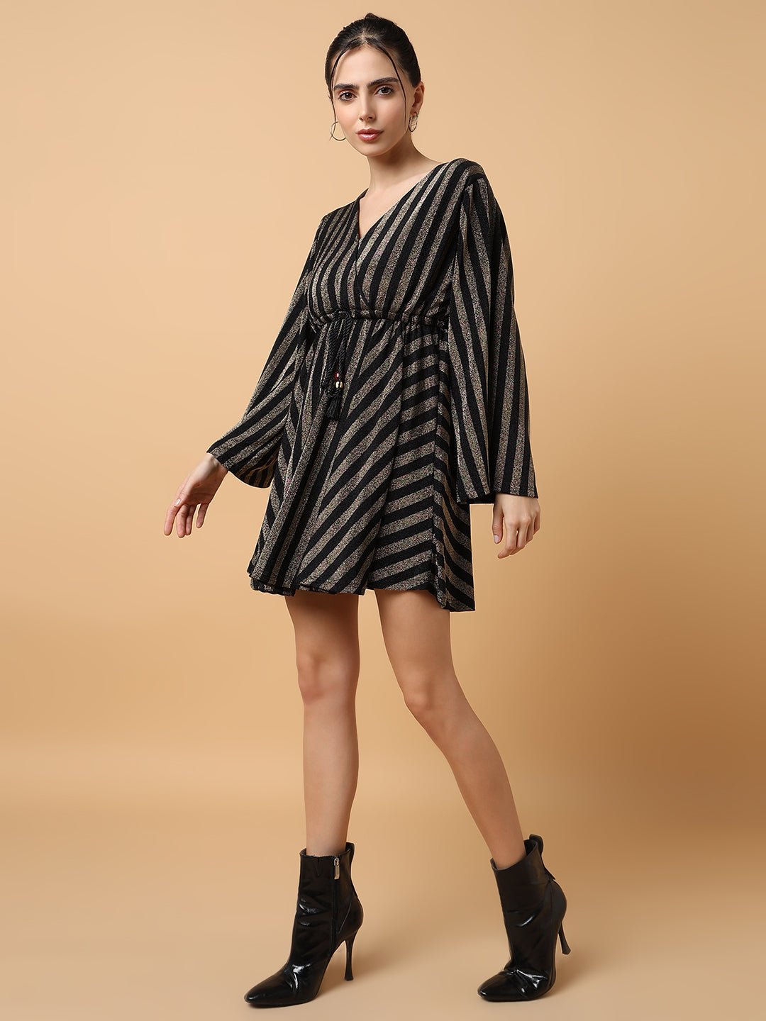 Women V-Neck Striped Empire Bronze Dress