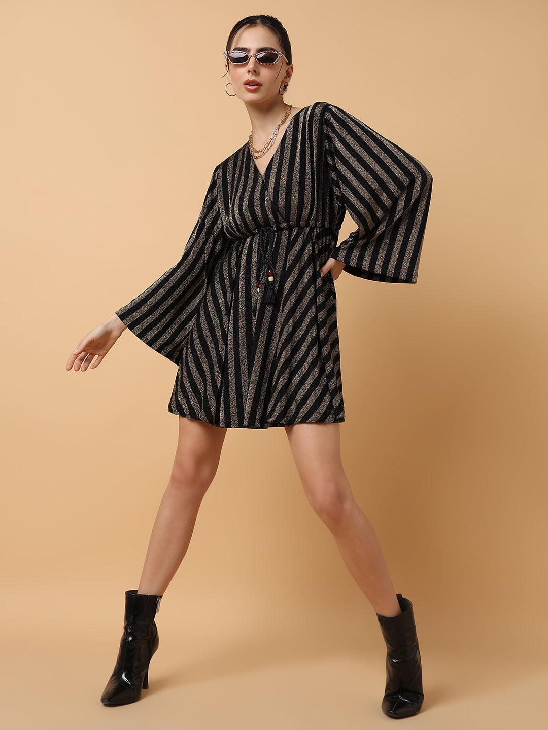 Women V-Neck Striped Empire Bronze Dress