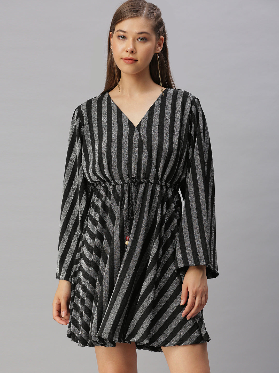 Women V-Neck Striped Empire Silver Dress