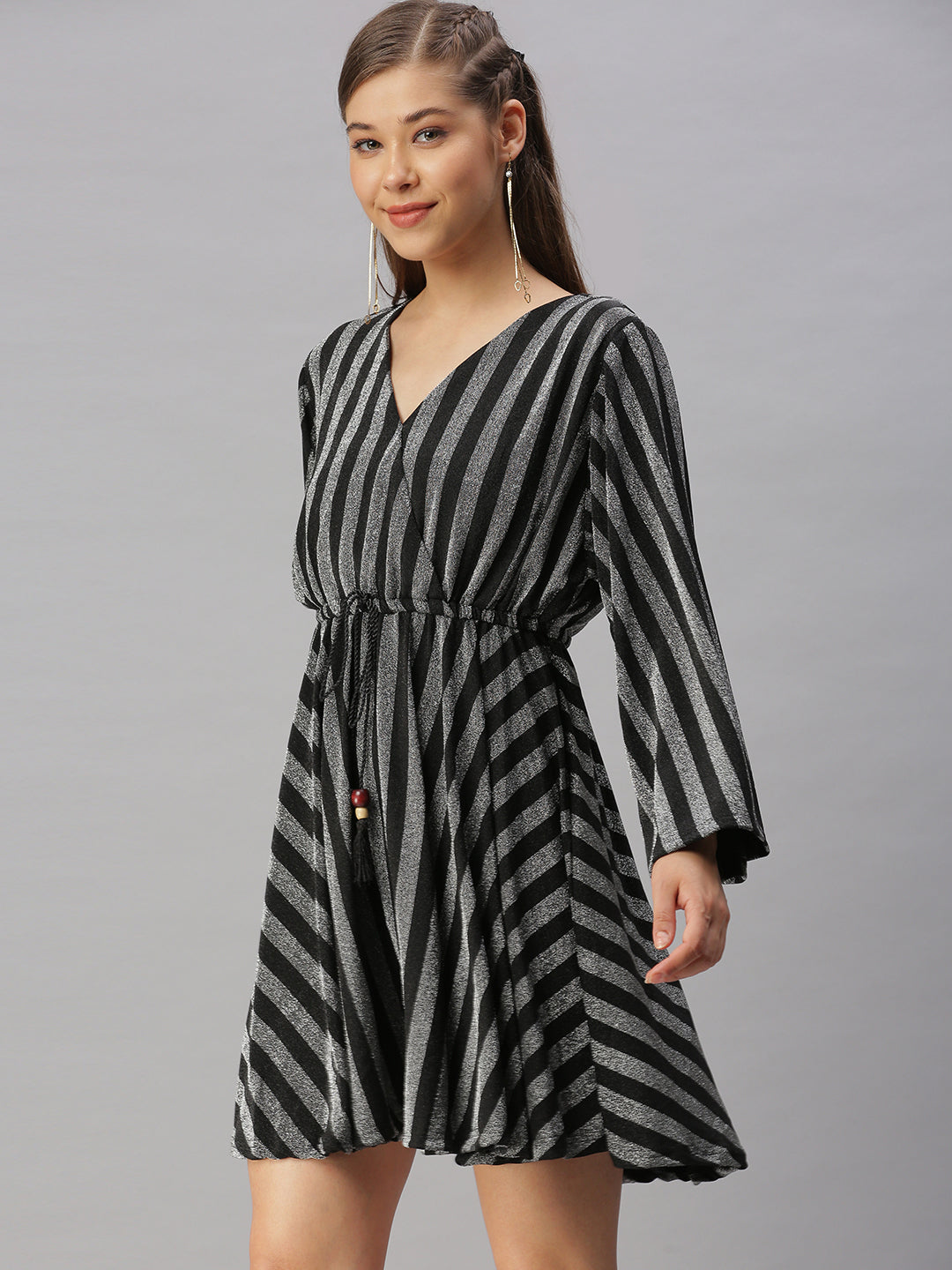 Women V-Neck Striped Empire Silver Dress