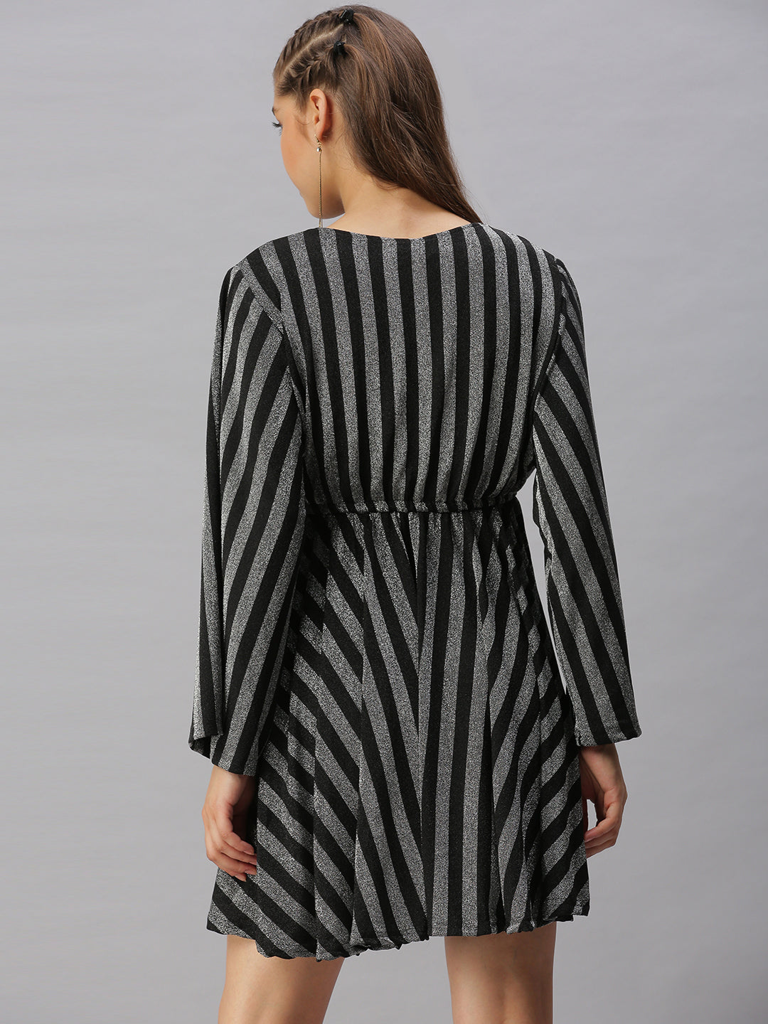 Women V-Neck Striped Empire Silver Dress