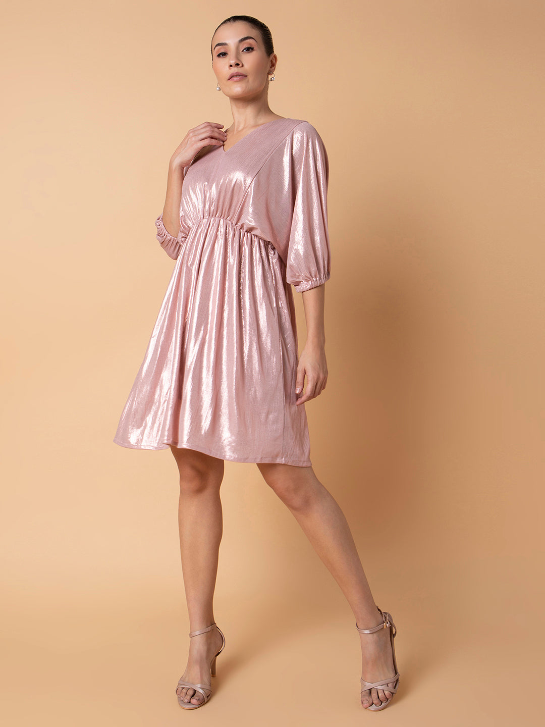 Women Solid Peach Fit and Flare Dress