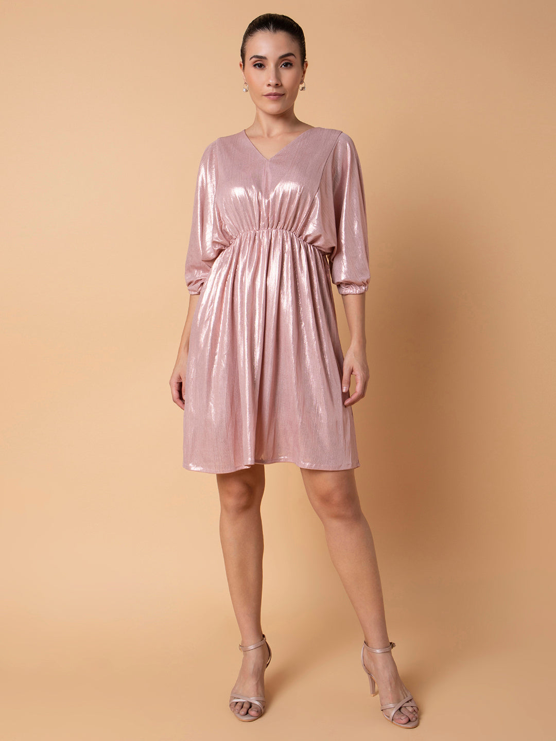Women Solid Peach Fit and Flare Dress