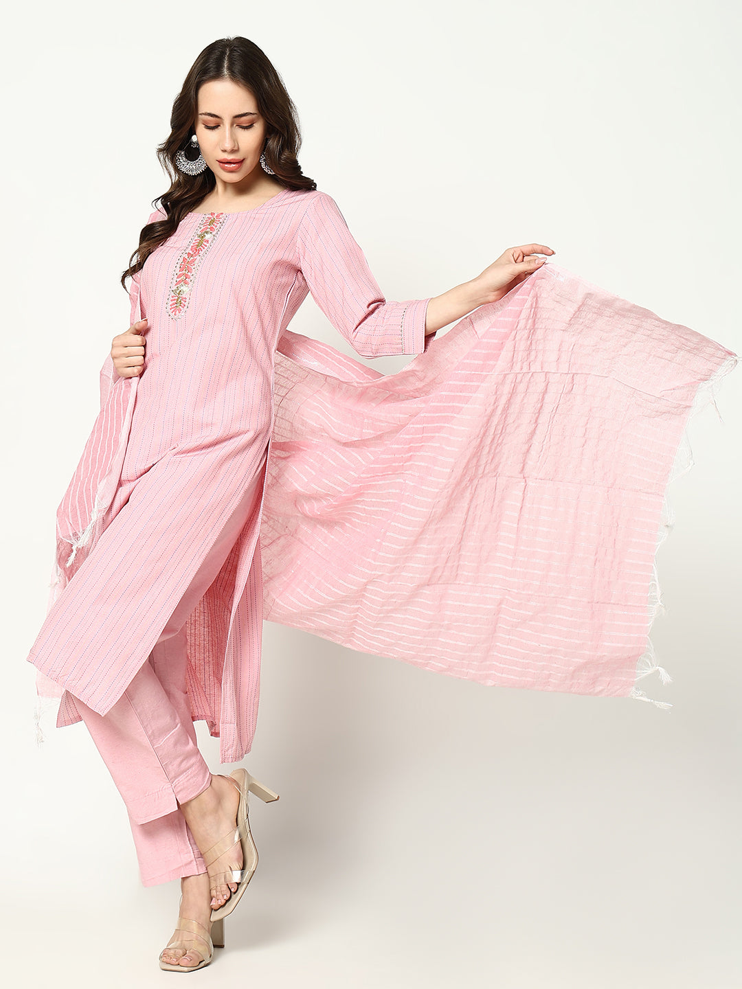 Women Striped Pink Kurta Set with Dupatta