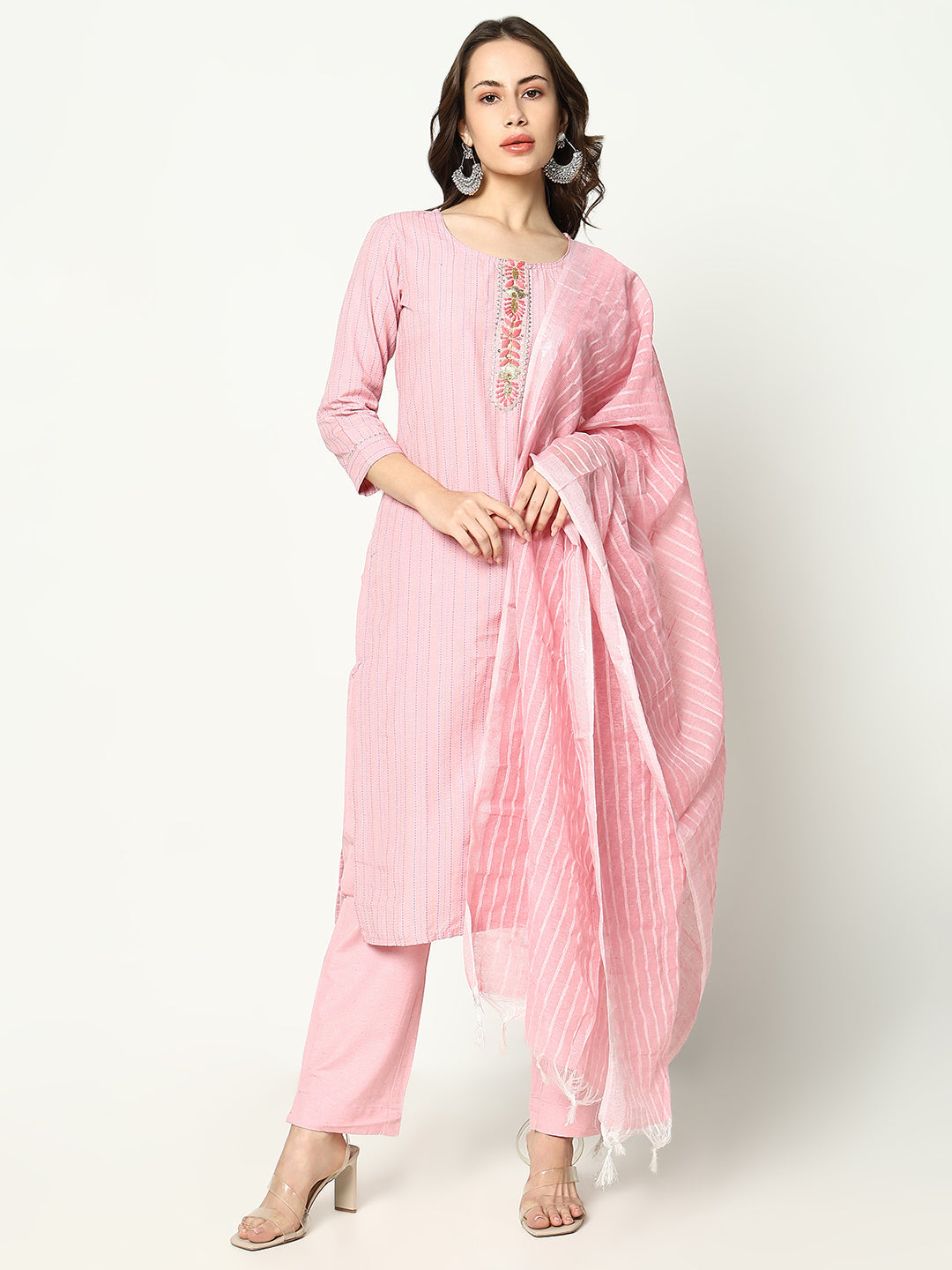 Women Striped Pink Kurta Set with Dupatta