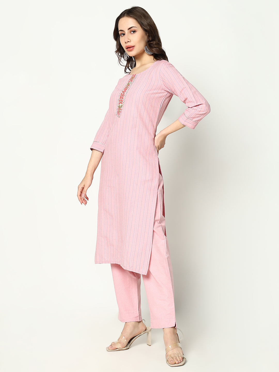 Women Striped Pink Kurta Set with Dupatta