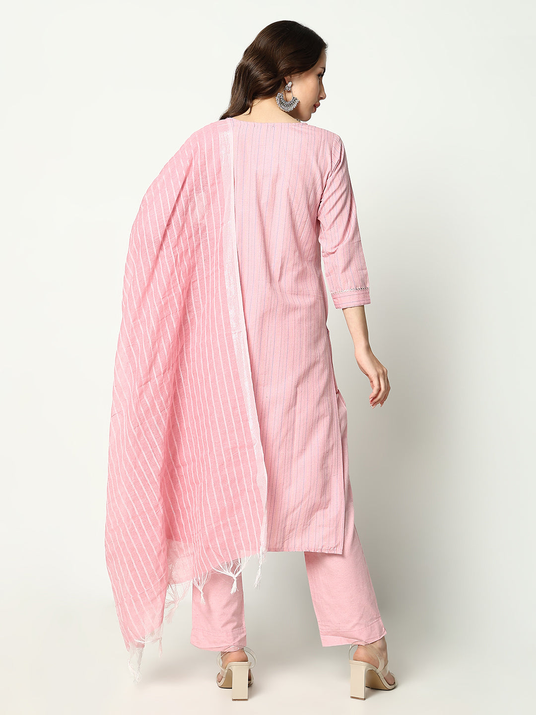 Women Striped Pink Kurta Set with Dupatta