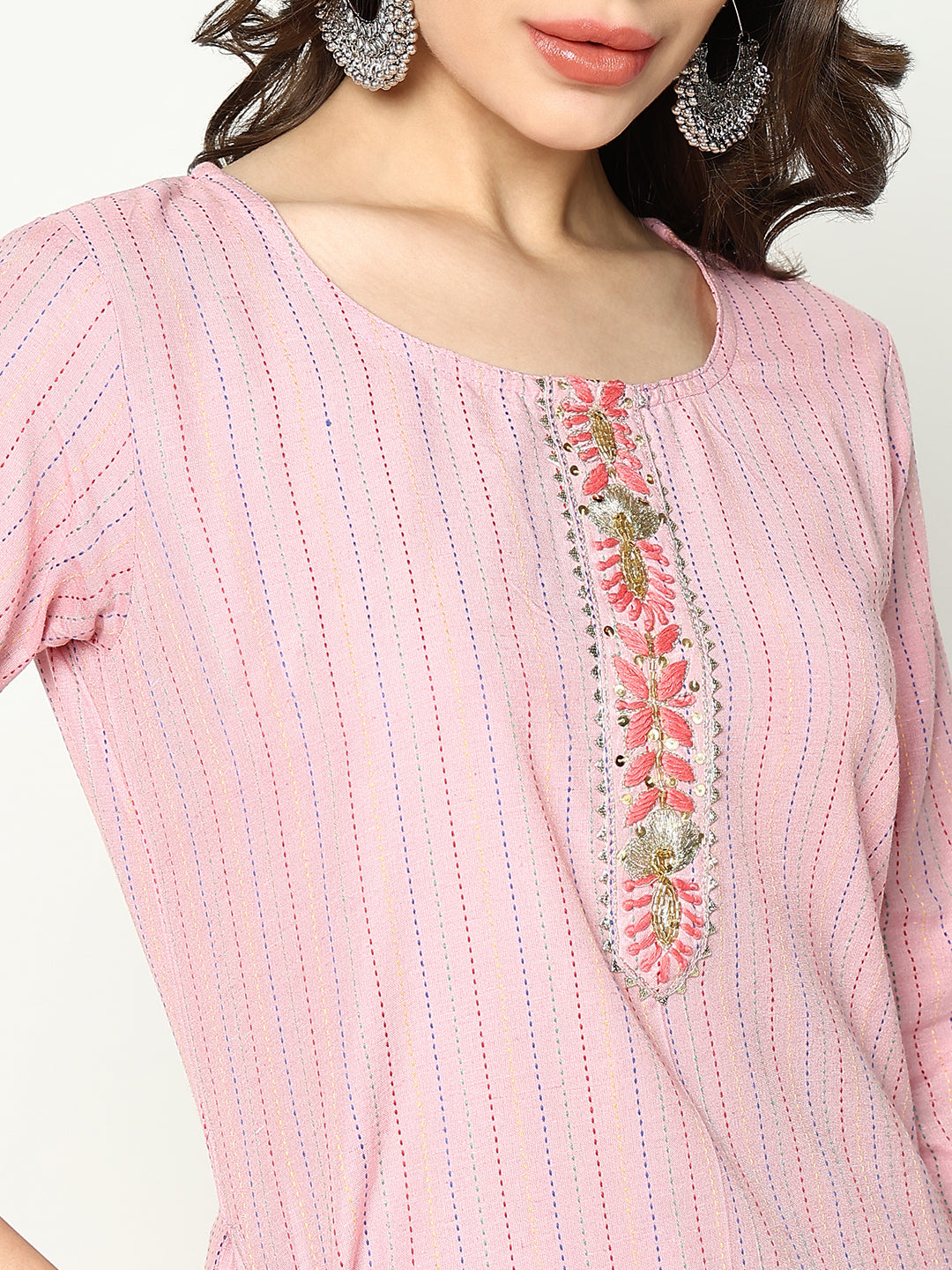 Women Striped Pink Kurta Set with Dupatta