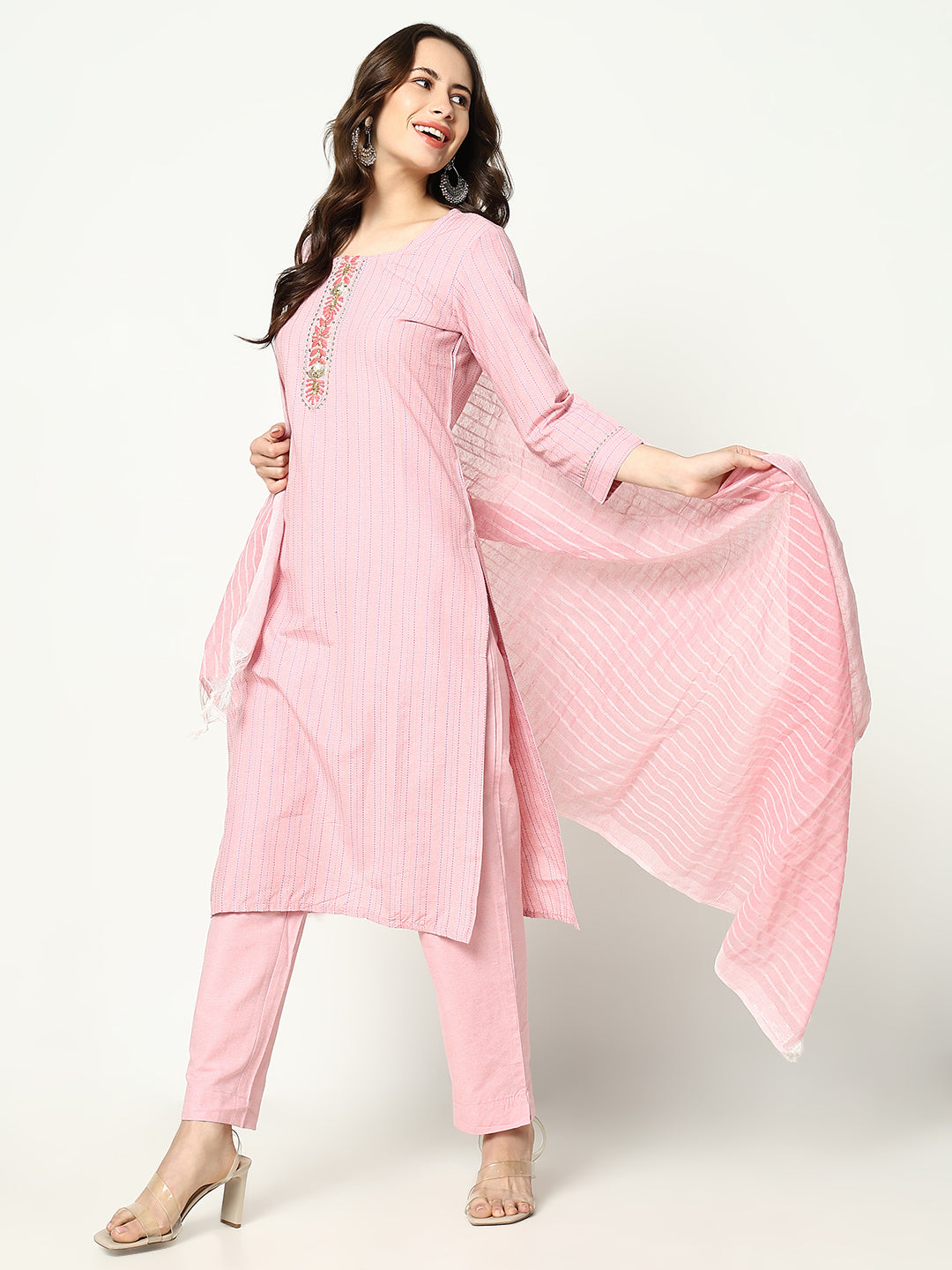 Women Striped Pink Kurta Set with Dupatta