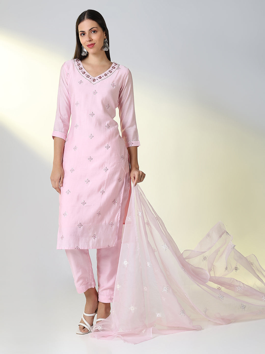 Women Pink Solid Straight Kurta Set with Dupatta