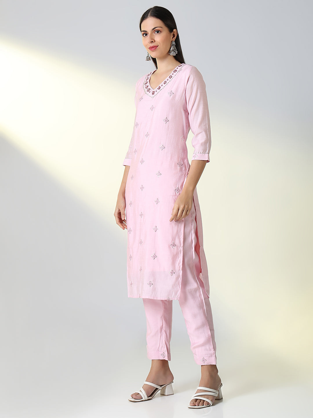 Women Pink Solid Straight Kurta Set with Dupatta