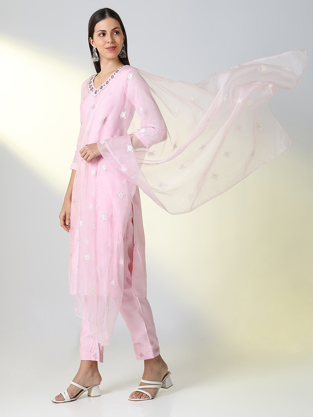 Women Pink Solid Straight Kurta Set with Dupatta