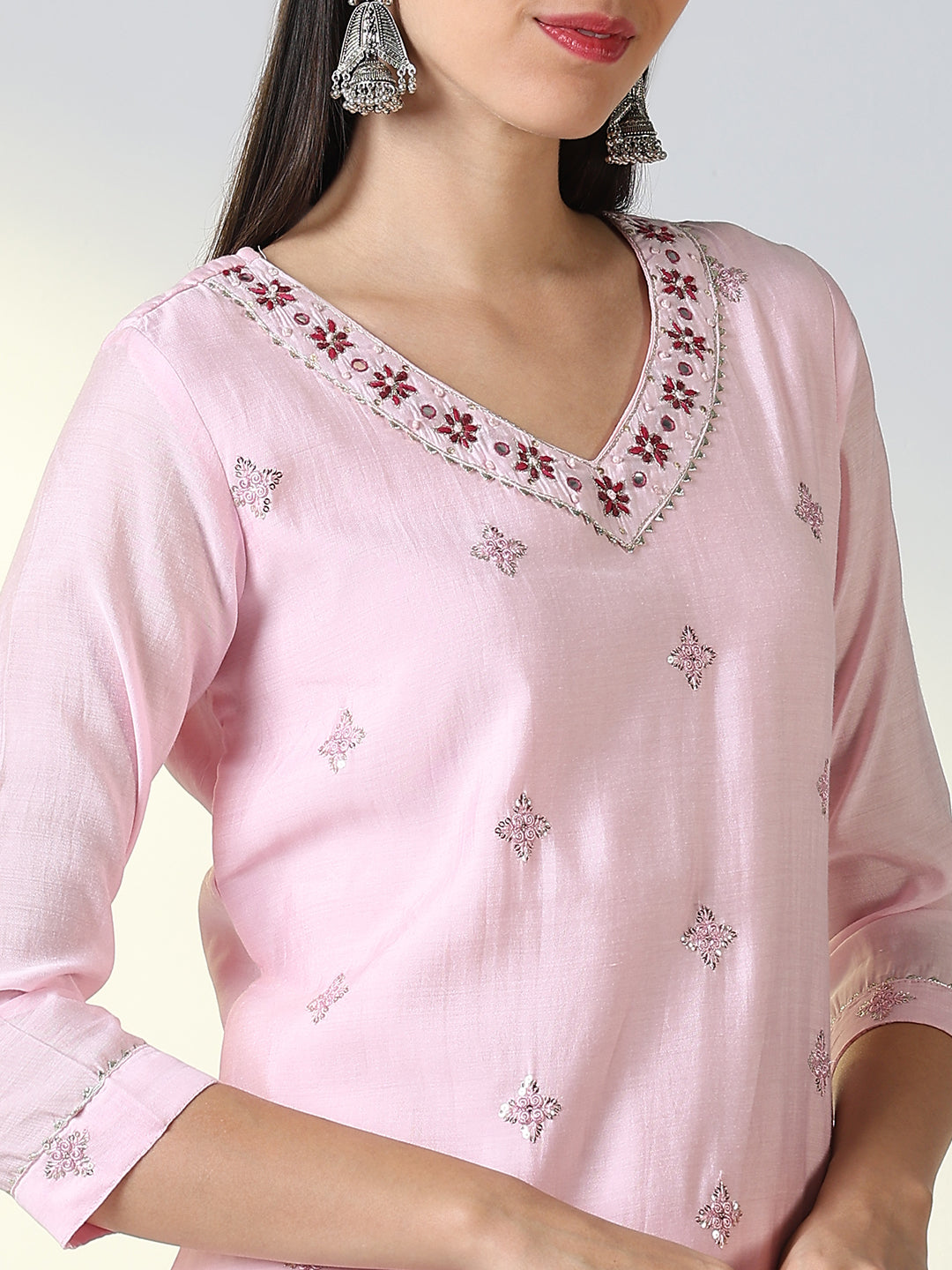 Women Pink Solid Straight Kurta Set with Dupatta