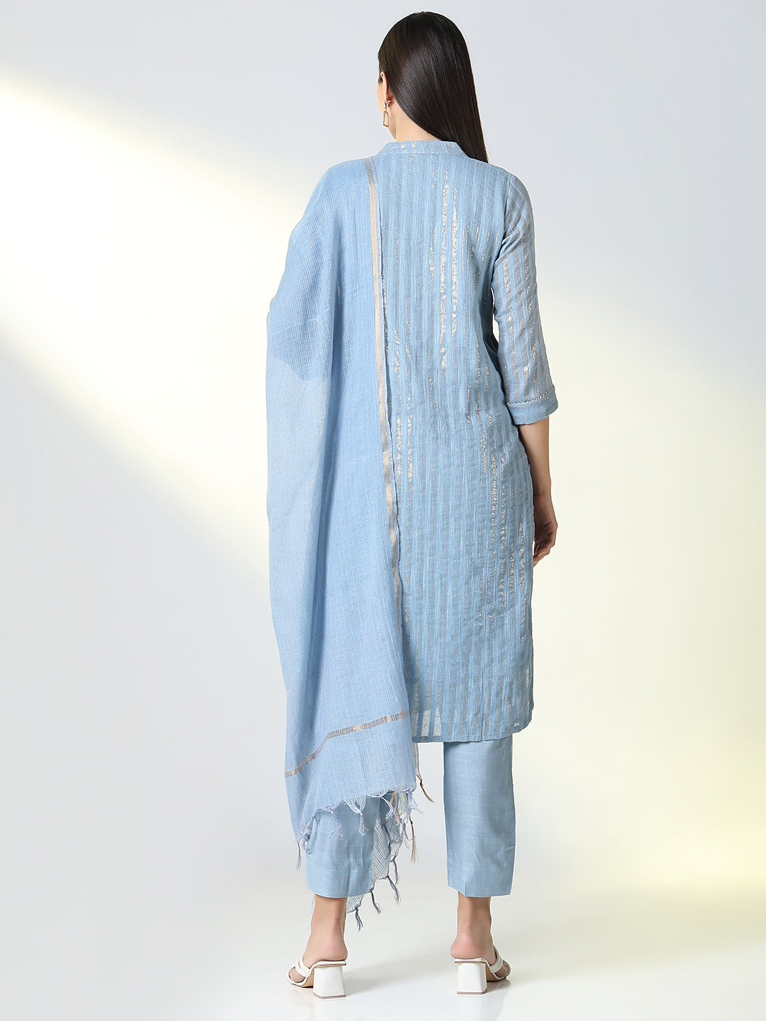 Women Blue Striped Straight Kurta Set with Dupatta