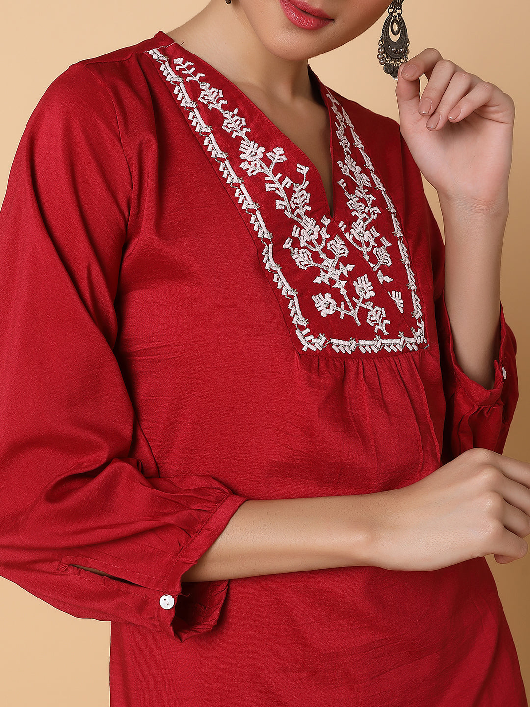 Women Solid Maroon A Line Kurti