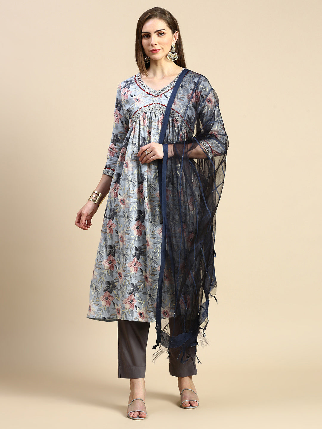 Women Floral Grey Anarkali Kurta Set with Dupatta