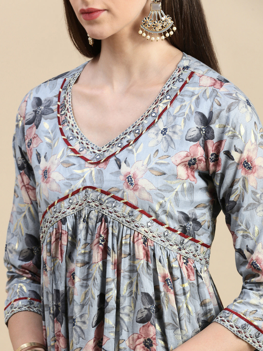 Women Floral Grey Anarkali Kurta Set with Dupatta